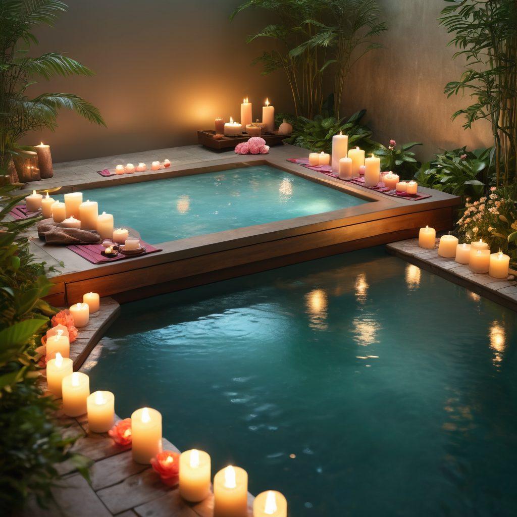 A serene, inviting scene of a luxurious spa setting with soft candlelight and aromatic candles, featuring a plush massage table adorned with silky fabrics. The background shows a tranquil water feature with gentle ripples, surrounded by lush greenery and delicate flowers, creating an atmosphere of intimate relaxation and sensual wellness. The color palette should include warm tones and soothing pastels. super-realistic. vibrant colors. 3D.